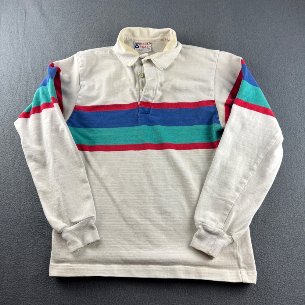 Vintage Rugged Wear Rugby Shirt Men's L White Colorblock Jersey Heavy Cotton Y2K